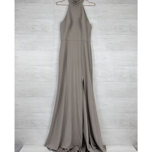 Amsale Cora Evening Gown Formal Dress Size 10 in Stone Gray High Neck Fit Flare
